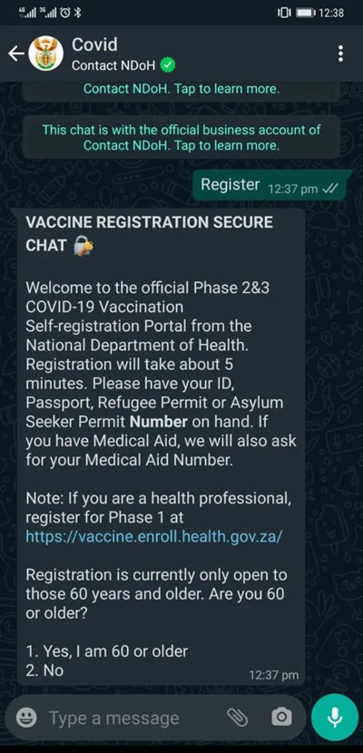 How to Register for a Covid-19 vaccine through WhatsApp in South Africa